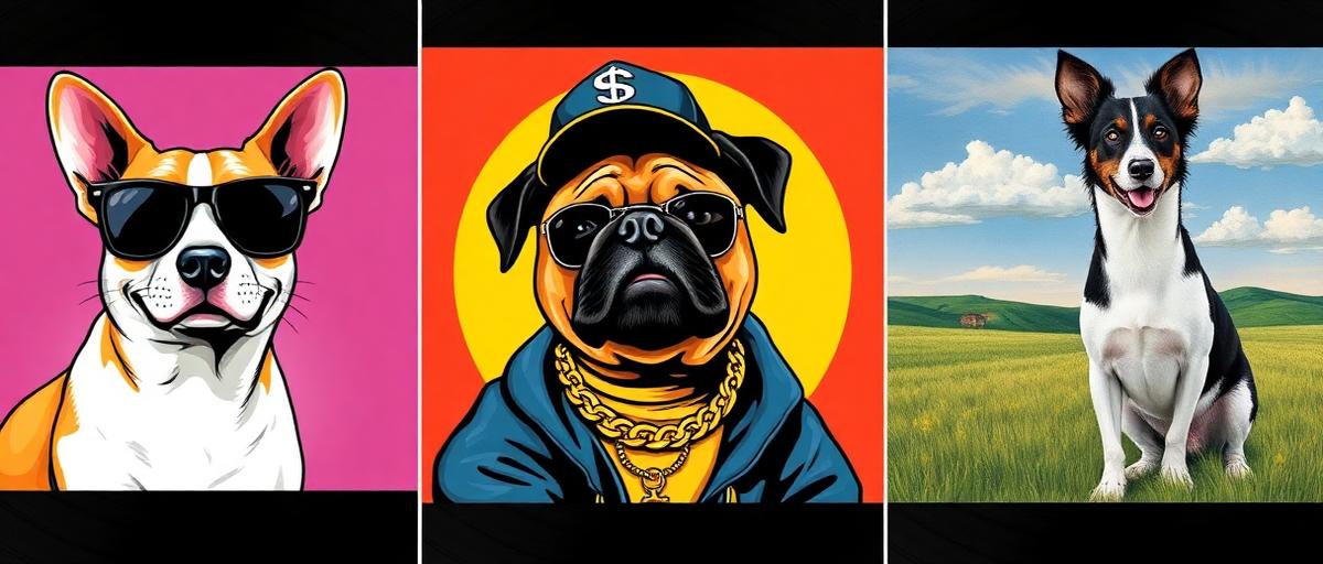 Three album covers featuring dogs: pop art corgi, hip hop pug, and folk border collie
