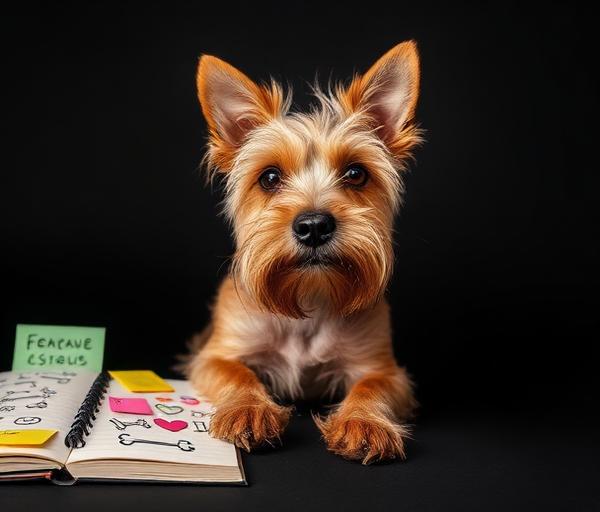 A curious terrier next to a notebook of doodles