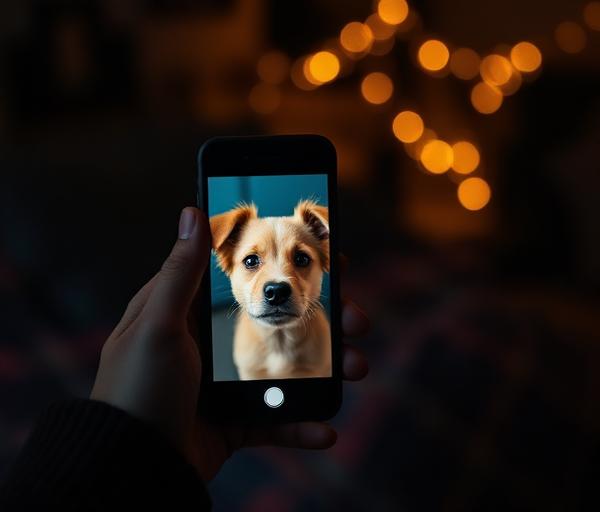 Hands holding a smartphone with a dog photo on screen